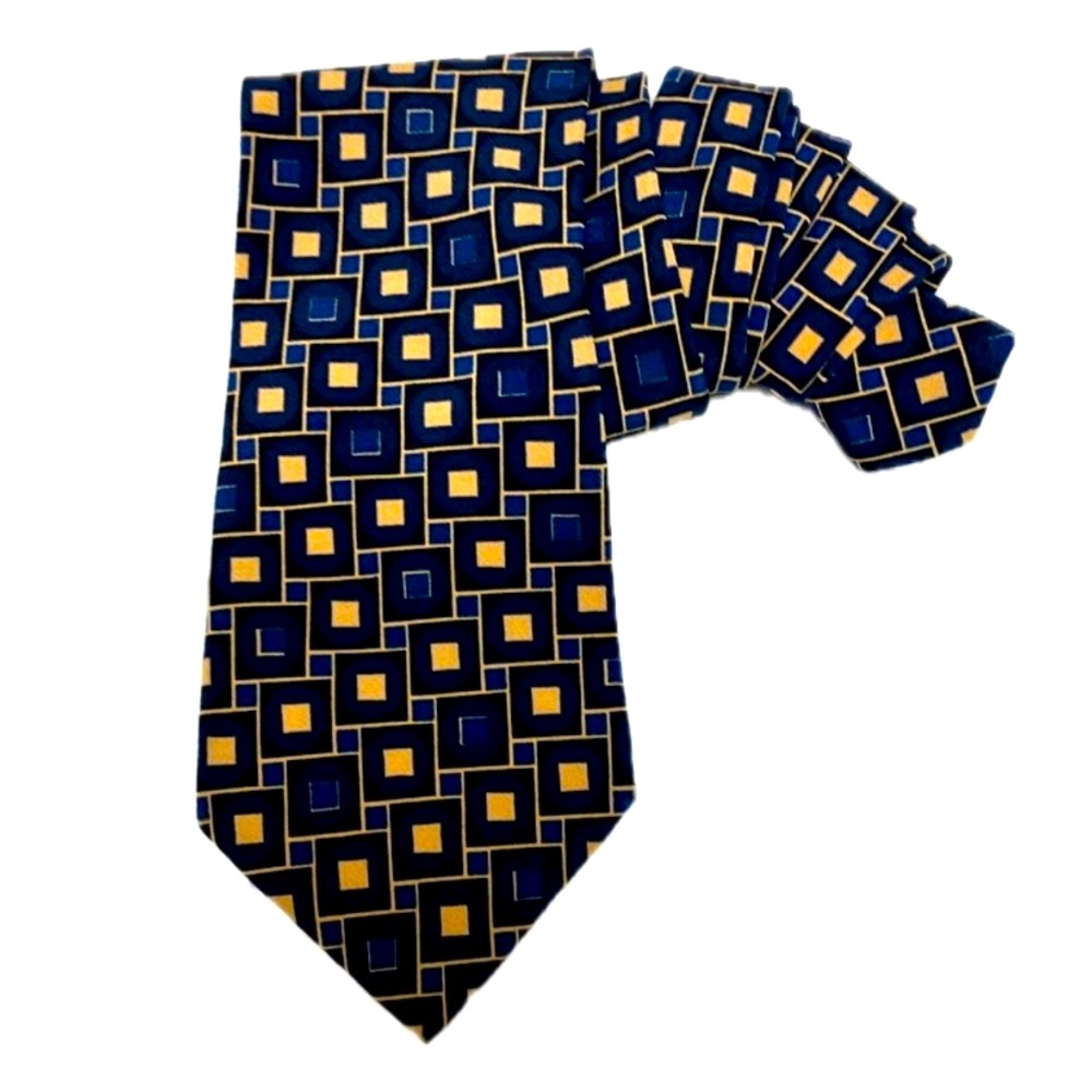 Hugo Boss classic geometric foulard silk tie, navy blue/yellow squares, 57 1/2”